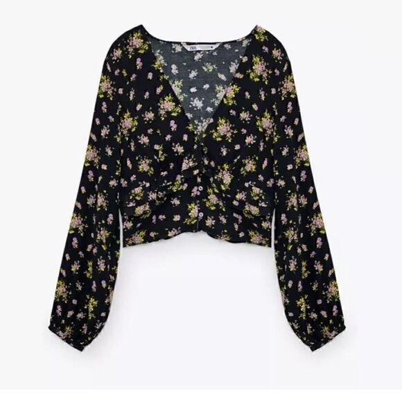Zara Top Womens Size Medium Cropped Floral print Boho V Neck Blouse NWT - Picture 2 of 7